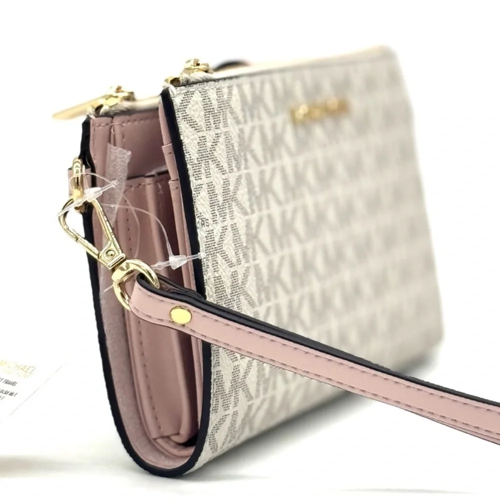 Michael Kors Large Double Zip Wallet Wristlet Powder Blush Multi